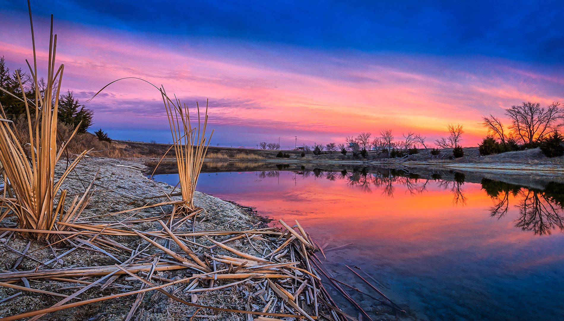 Sunset over a clear lake