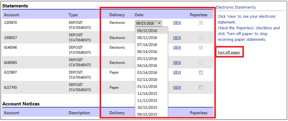 View of Statements screen when logged into Online Banking